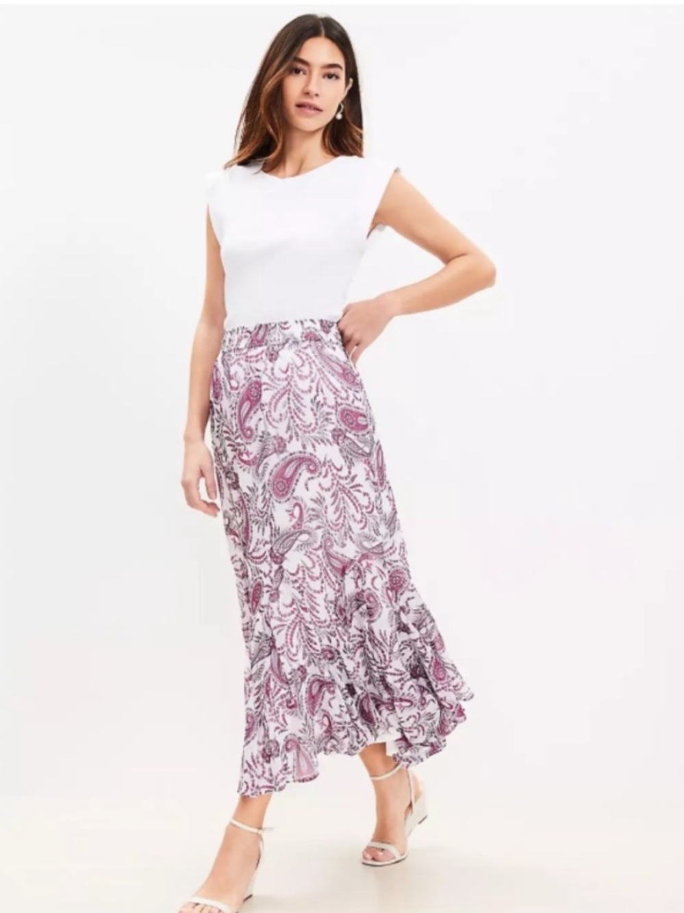LOFT Godet Pink/lavender/ White Paisley Midi Skirt